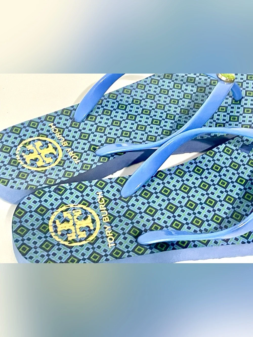 Tory Burch Blue Patterned Thong Sandals with Green Logo Accents Size 6